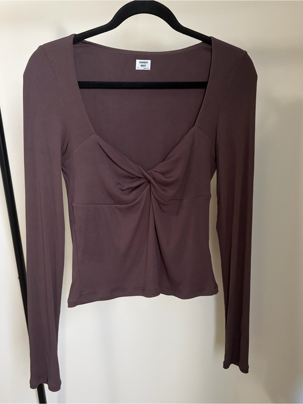 Aritzia’s Sunday Best Twist-Front Long Sleeve Chocolate Brown Top